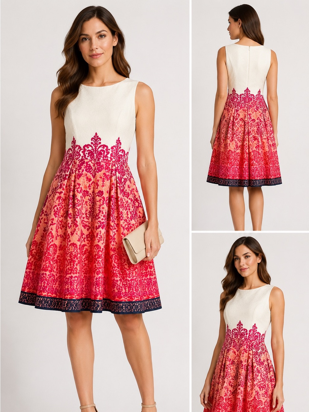 Jones New York Cotton Jacquard Fit & Flare Dress Pink Coral Border Print Size 10